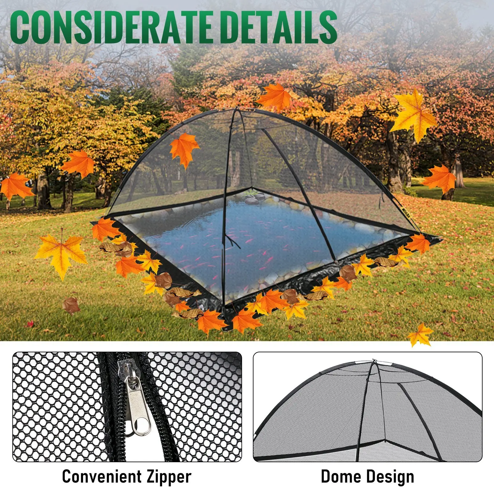 1/2 inch Garden Mesh Dome Pond Net Covers Garden Pond Net Pond Cover Dome Black with Zipper and Wind Rope 7x9 FT