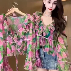 European Goods V-neck Ruffled Long Sleeve Floral Shirt Women New Explosive Summer Sexy Top Trend Women's Clothing Tops
