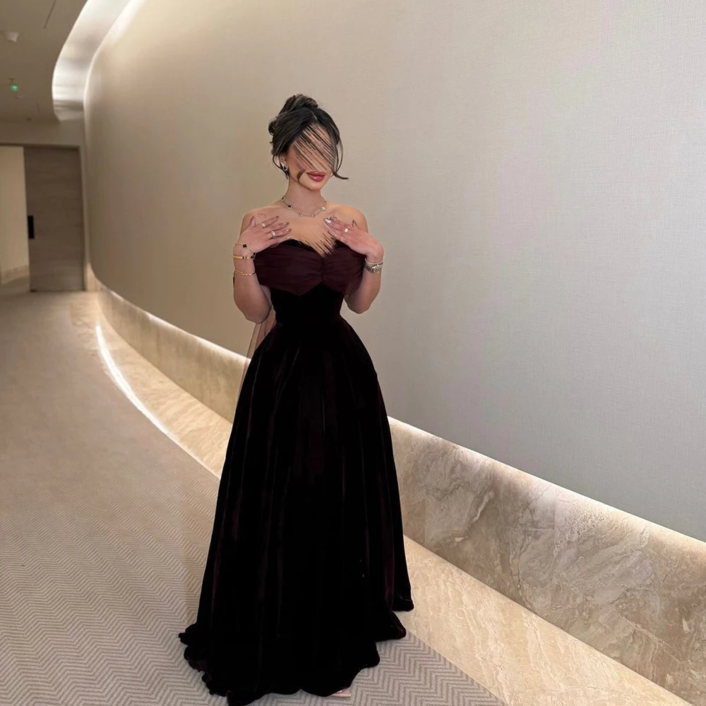 

Customized Simple Burgundy Velour A-line Evening Dress Off the Shoulder Backless Draped Party Gown Floor Length Prom Dress