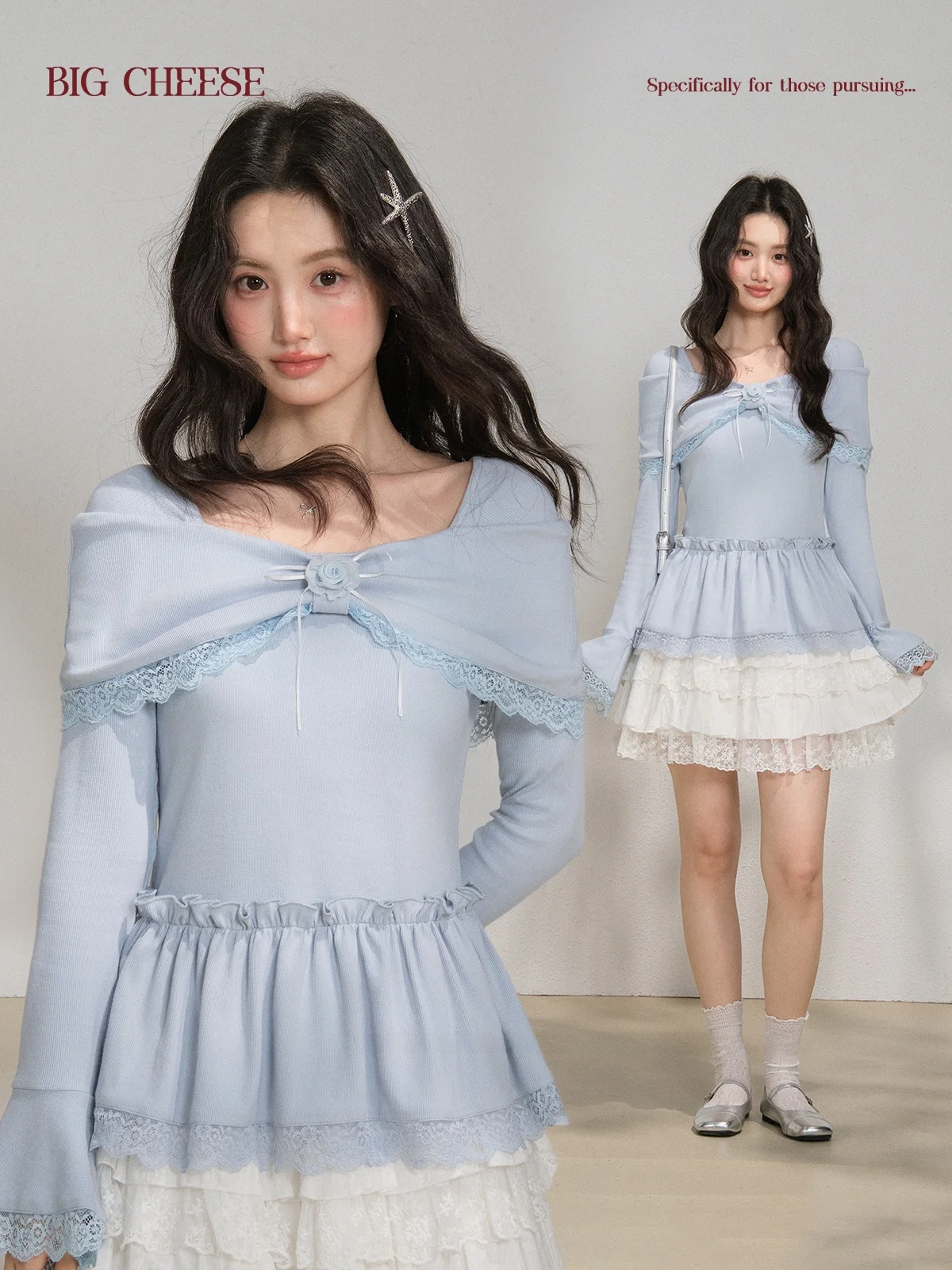 

Sweet Blue Lace Trim Slim Fit T-Shirt Women's Spring Casual Style Long Sleeve Citywalk Polyester Lenzing Lyocell Spandex