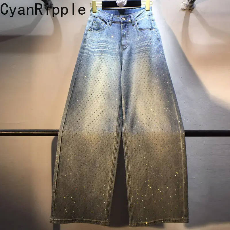 Full Diamonds Hot Drilling Straight Jeans for Women New Spring Autumn All-match High Waist Wide Leg Pants Female Casual Trousers