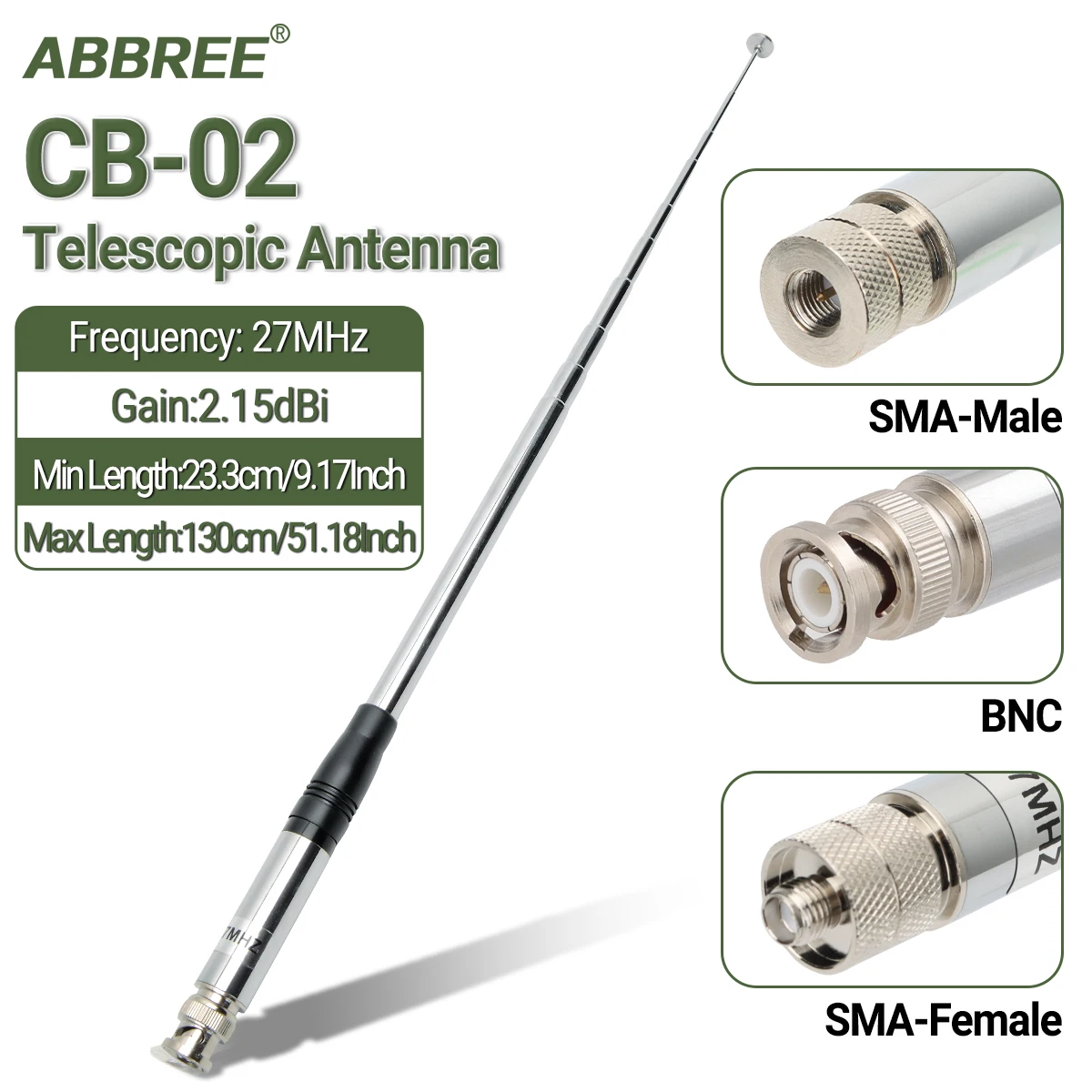 ABBREE 27MHz SMA-Female/SMA-Male/BNC Ręczna teleskopowa antena CB do Quansheng UV-K5 UV-K5(8) baofeng UV-K61 Walkie Talkie