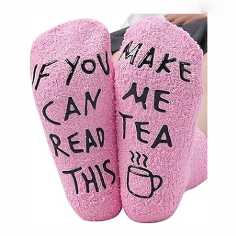 1 Pair Fun cupcake packaging woman ladies pink terry floor socks with funny printing if you can read this make me tea warm socks