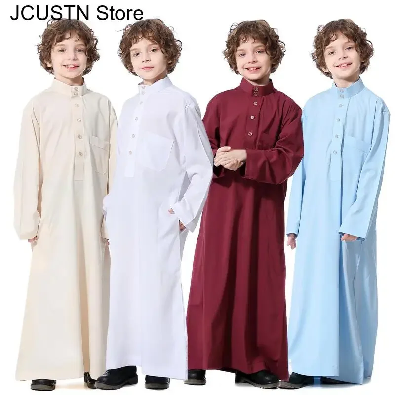 Islamico Musulmano Juba Caftano Veste Musulmano Ragazzi Robe Abito Arabo Dubai Qatar Abaya 110-160Cm Ragazzo Veste Solido Colletto Alla coreana Abito lungo