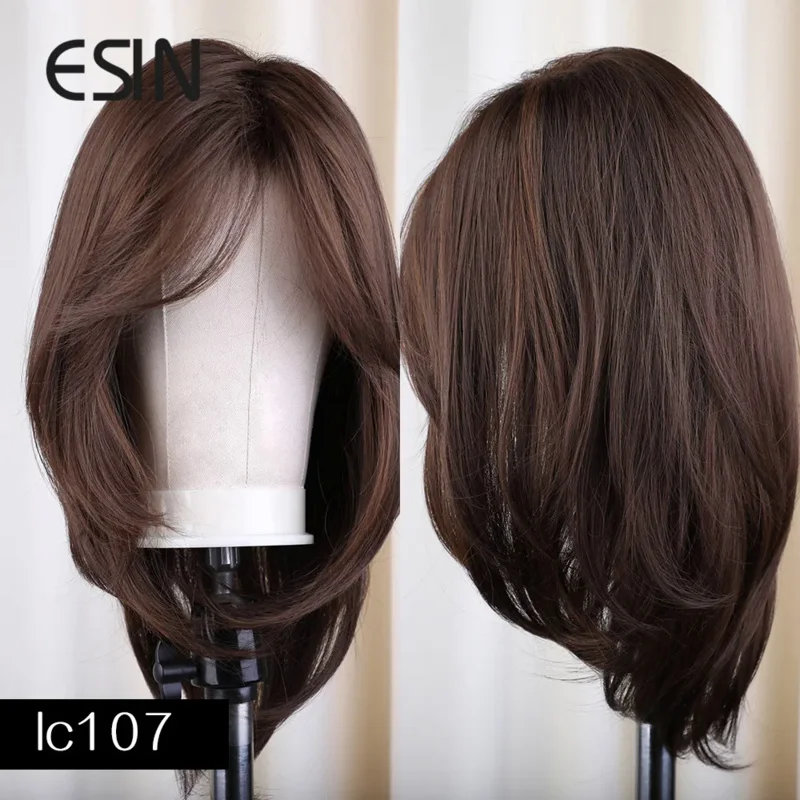 ESIN Synthetic Dark Brown Wig Long Wave Wigs for Women Hair Wig With Bangs Heat Resistant Party Daily Natural Use