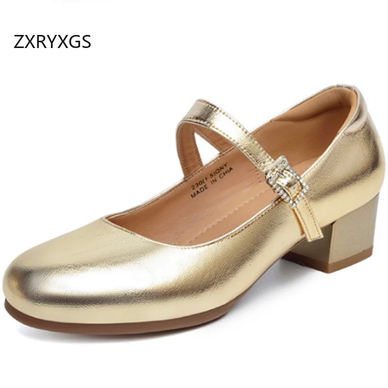 

ZXRYZGS 2026 New Fashion Sheepskin Genuine Leather Shoes Elegant Comfortable Soft Sole Thick Mid Heels Women Large Size 43Shoes