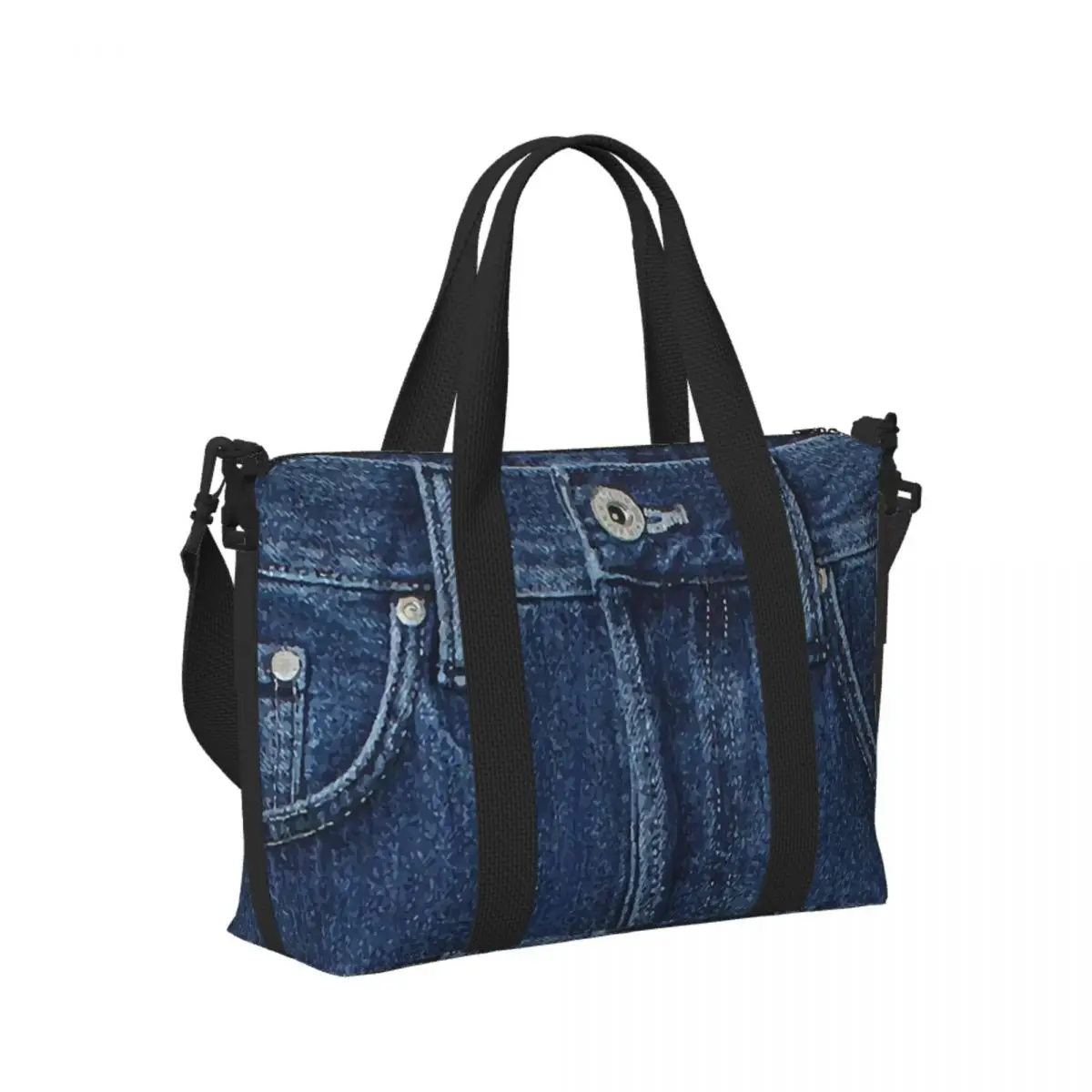 

Custom Blue Denim Jeans Texture Beach Travel Bag Large Capacity Tote Bags for Gym Sport Women Shopping Duffle Shoulder Bag