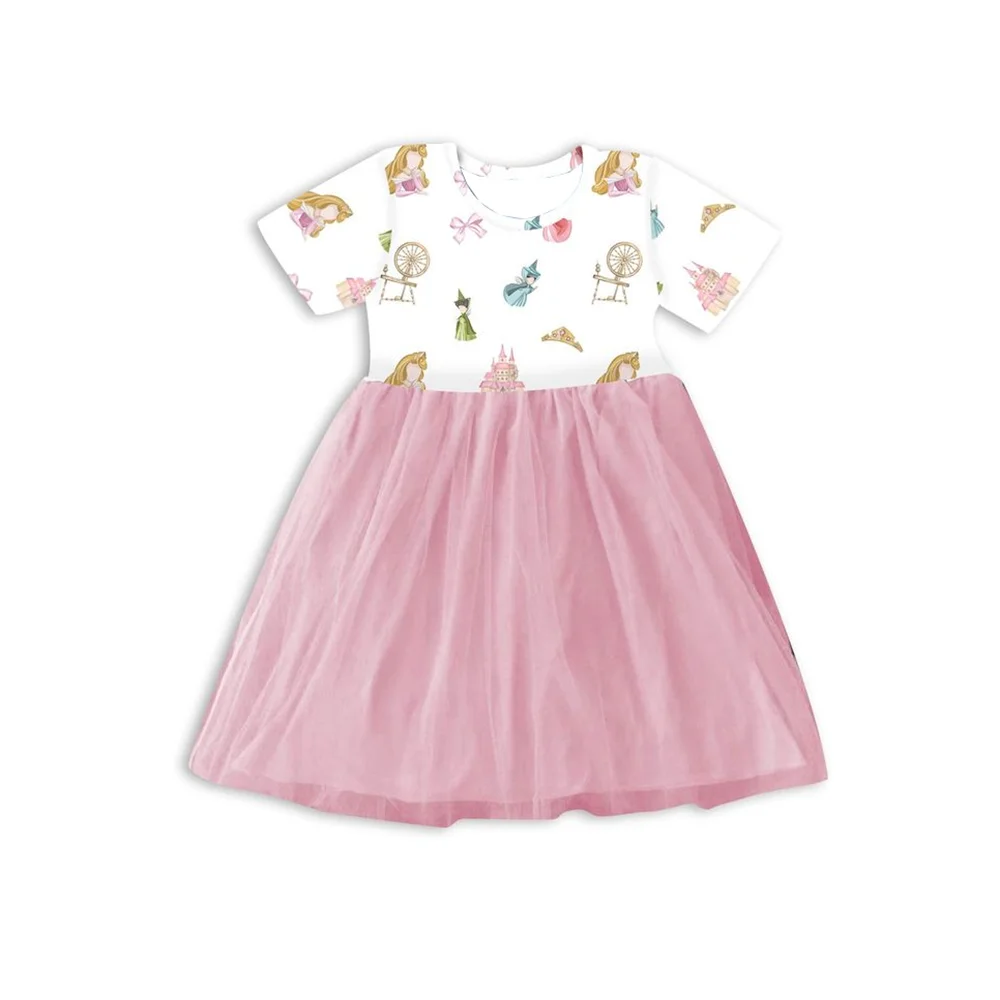 Toddler Girl Princess Print Dress Short Sleeve Castle Fairy Tale Tulle Dress Boutique Casual Party Clothes for Baby Girls