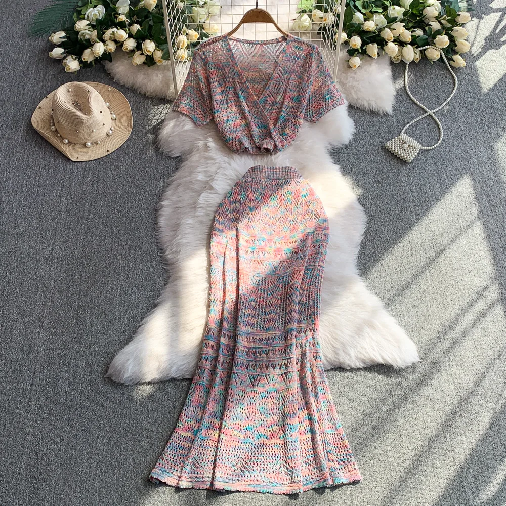 

Женский летний вязаный костюм, женские топы с коротким рукавом и v-образным вырезом, юбки Meimerd, комплект из 2 предметов, сексуальный комплект для ужина, банкета, вечеринки, ног, клубный комплект