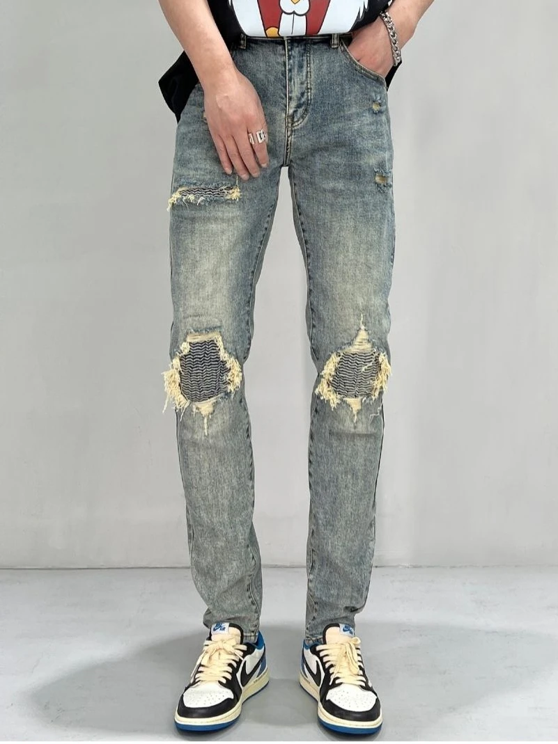 

Faionable Men's Slim Fit Straight Leg Jeans with Knee Patch Pleats Distred Elastic Vintage Sle Long Pants