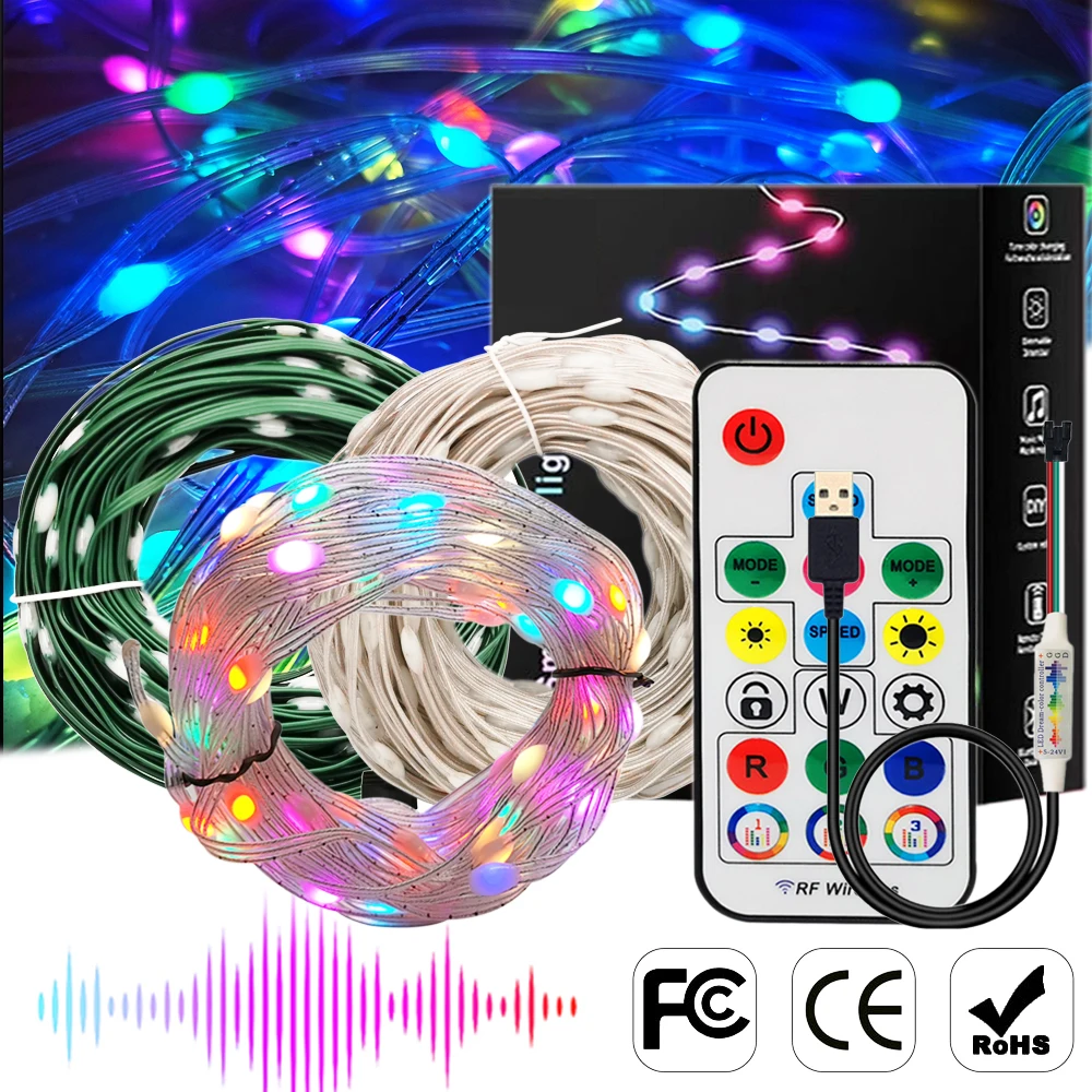 5M-25M WS2812B RGBIC LED Strings Party Christmas Lights 17Keys USB Music Controller Waterproof Addressable Dream Color String 5V