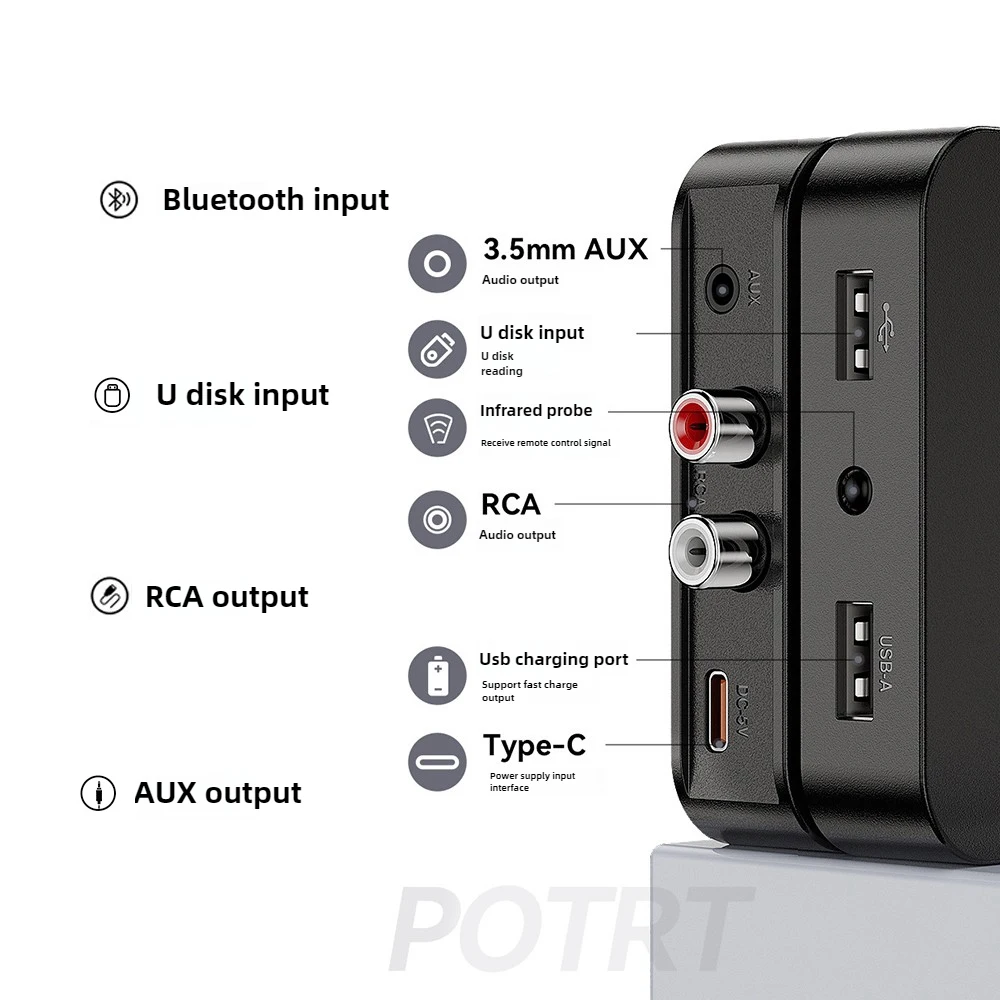Odbiornik audio Bluetooth 6.0 z gniazdem 3.5mm AUX RCA, obsługą odtwarzania z dysku U, bezprzewodowy adapter z pilotem do zestawu samochodowego i głośników. — zdjęcie produktu 5
