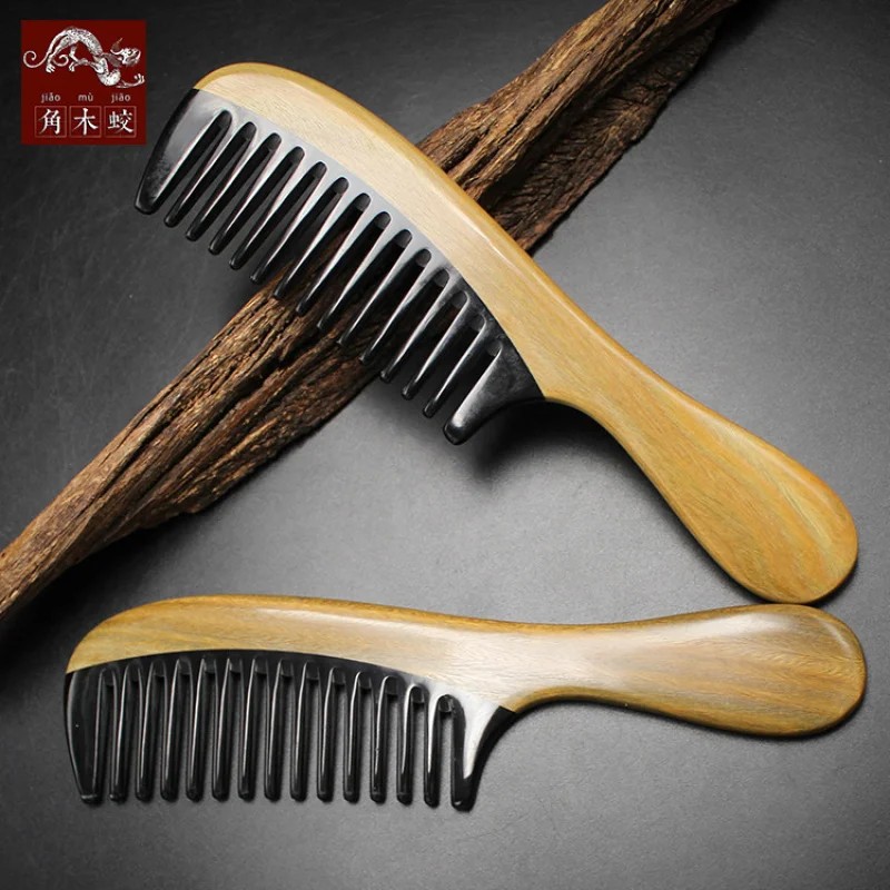 Green sandalwood buffalo horn with large teeth handle, massage and hairdressing comb