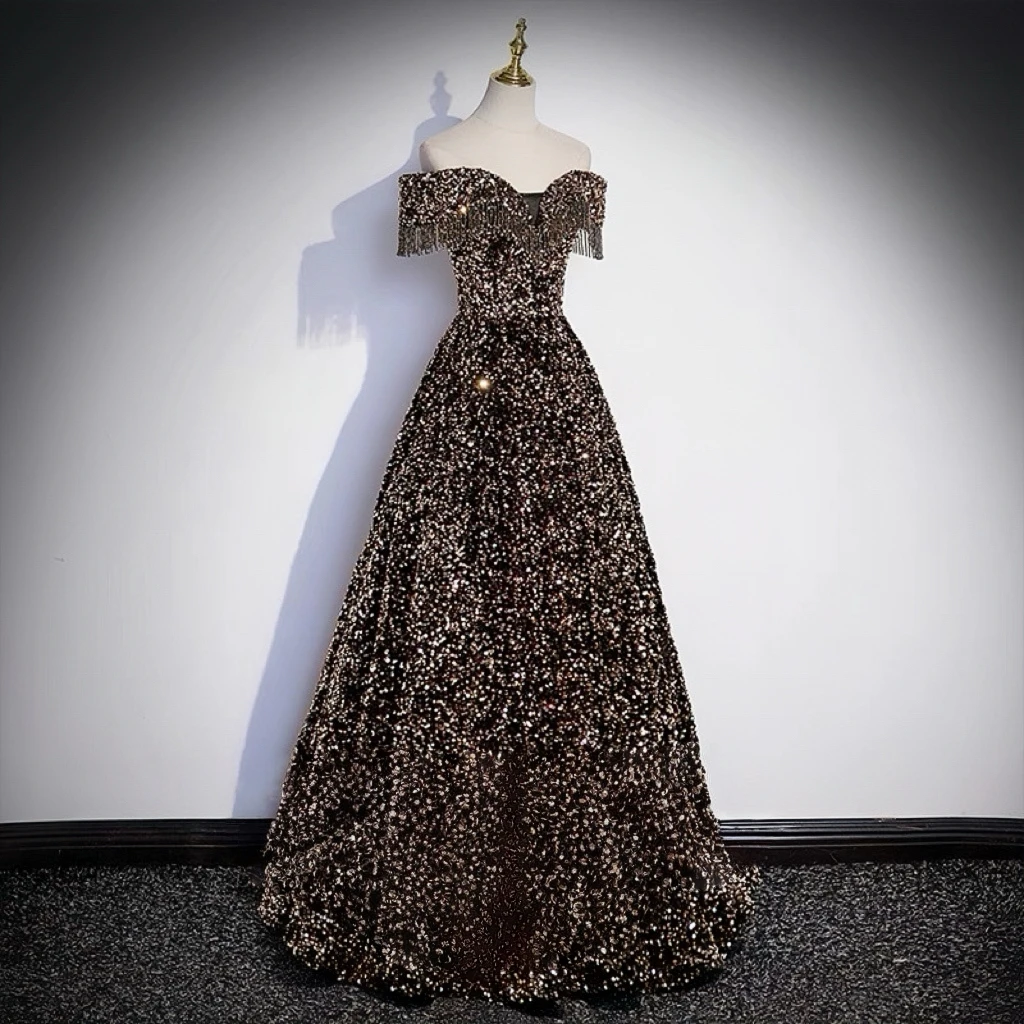 

Gorgeous Sequins Celebrity Gowns Strapless A-line Tassels Off The Shoulder Princess Host Party Formal Occasion Evening Dresses