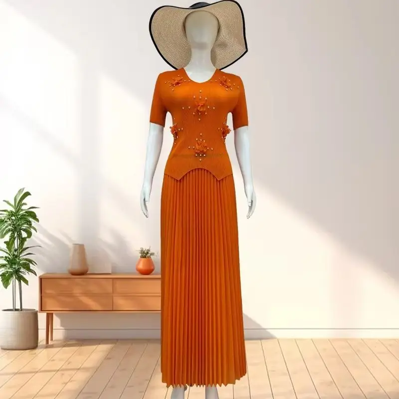 

Miyake плиссированный африканский женский костюм больших размеров с шипами и цветами из бисера, с короткими рукавами, свободный эластичный пояс, полуюбка