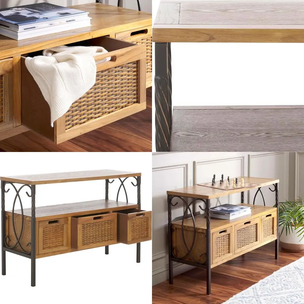 Vintage-Style Oak 3-Drawer Table with Wicker Front Storage, Ideal for Entryway, Living Room (AMH6532C)