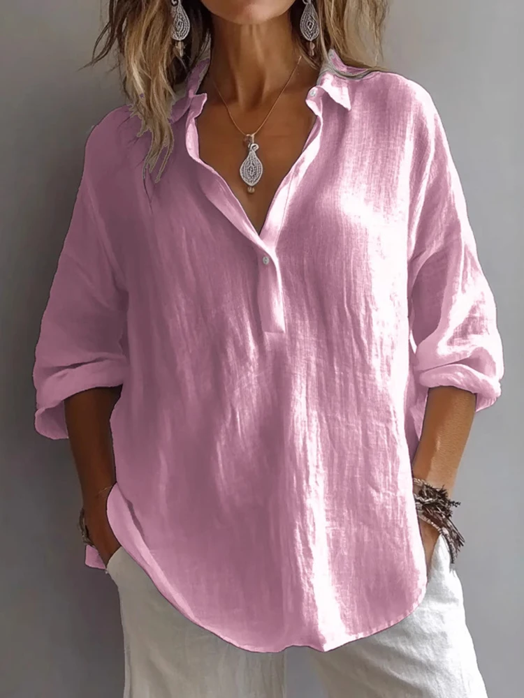2025 여름 여성 캐주얼 블라우스 긴팔 솔리드 패치워크 레이디 블라우스 셔츠 턴다운 칼라 루즈핏 여성 우아한 블루사 탑