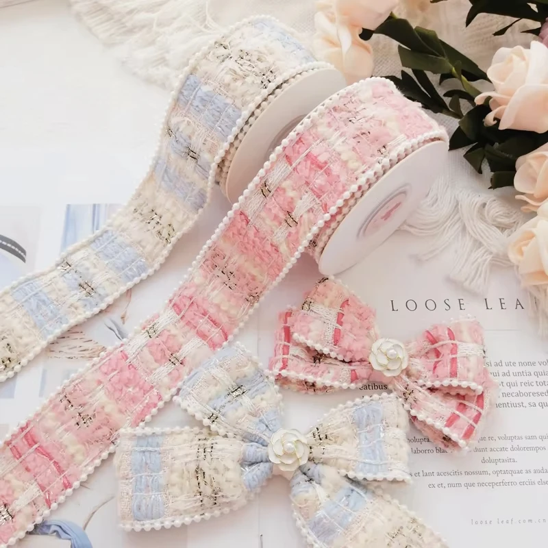 

2yards 38mm Luxury Pearl Edge Tweed Ribbon with Gold Thread Woven Trim Fabric DIY Bow Crafts Supplies Elegant Style Ribbon