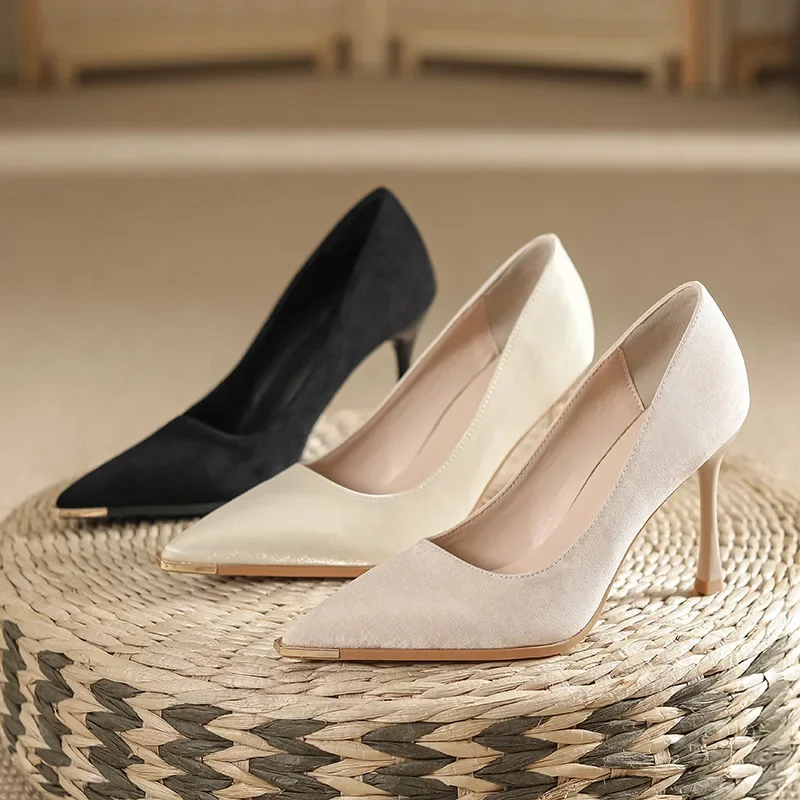 Tamaño 31-43 Zapatos de tacón alto con punta estrecha para mujer, zapatos de fiesta de oficina, puntera de metal, tacones de aguja sin cordones, negro y Beige