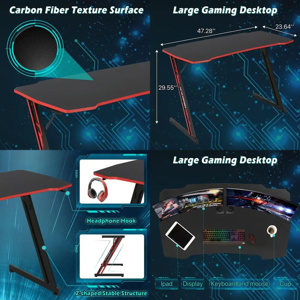

Ergonomic Z-Shaped Gaming Desk for PC, Home Office, and Gamer Workstation with Cable Hook, Red