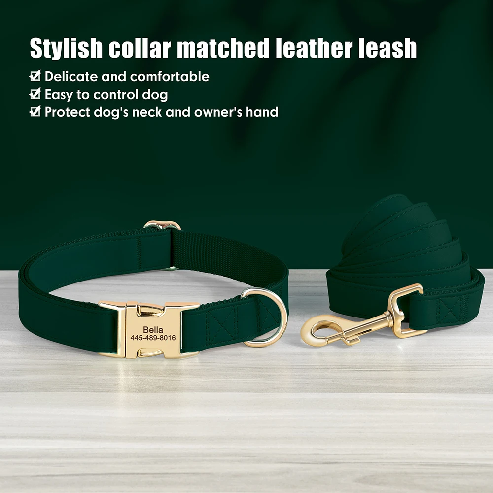 Custom Dog Collar Leash Set PU Leather Dog Collars Engraved Pet ID Necklace With Lead Rope Durable For Small Medium Large Dogs_voghion.com