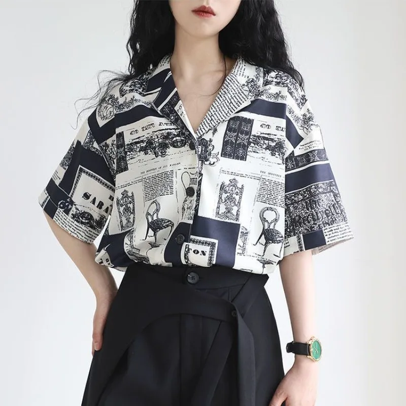

Chiffon Blouse Loose Short Sleeved Retro Printed Shirt with Suit Collar Top for Summer Cute and Elegant Blouses for Ladies