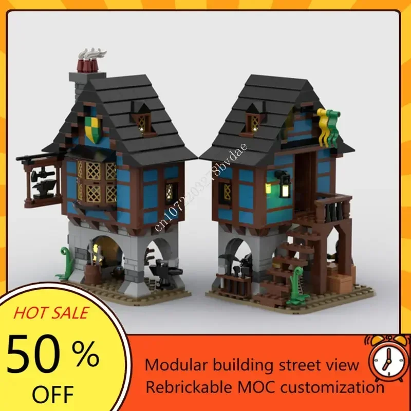 Medieval Alley Blacksmith Shop MOC Creative Architecture Castle Model Building Blocks Architecture Assembly Model Toys Gift