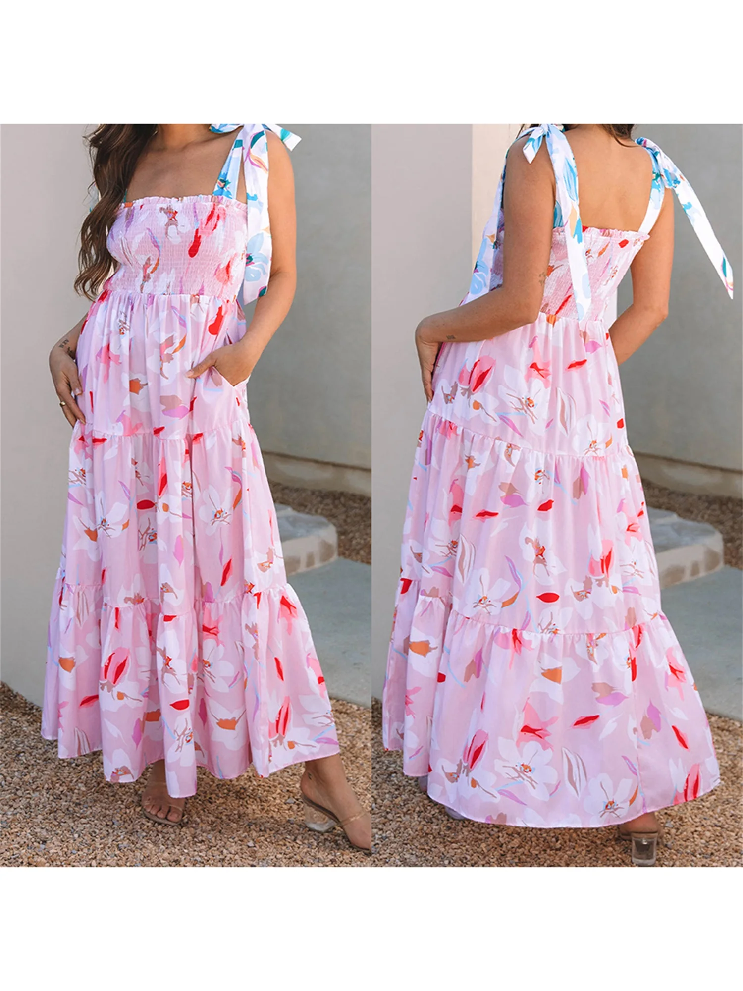 Abito lungo da donna Boho con scollo a V con orlo arricciato e spalline regolabili per abiti casual estivi per feste di matrimonio in spiaggia