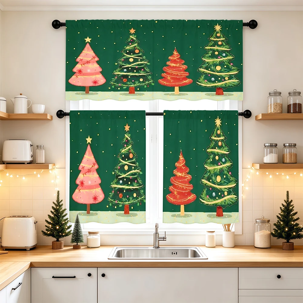 Christmas Kitchen Curtains, Colorful Christmas Tree, Digital Print, Kitchen Dining Room, Rod Pocket Polyester, Home Decor