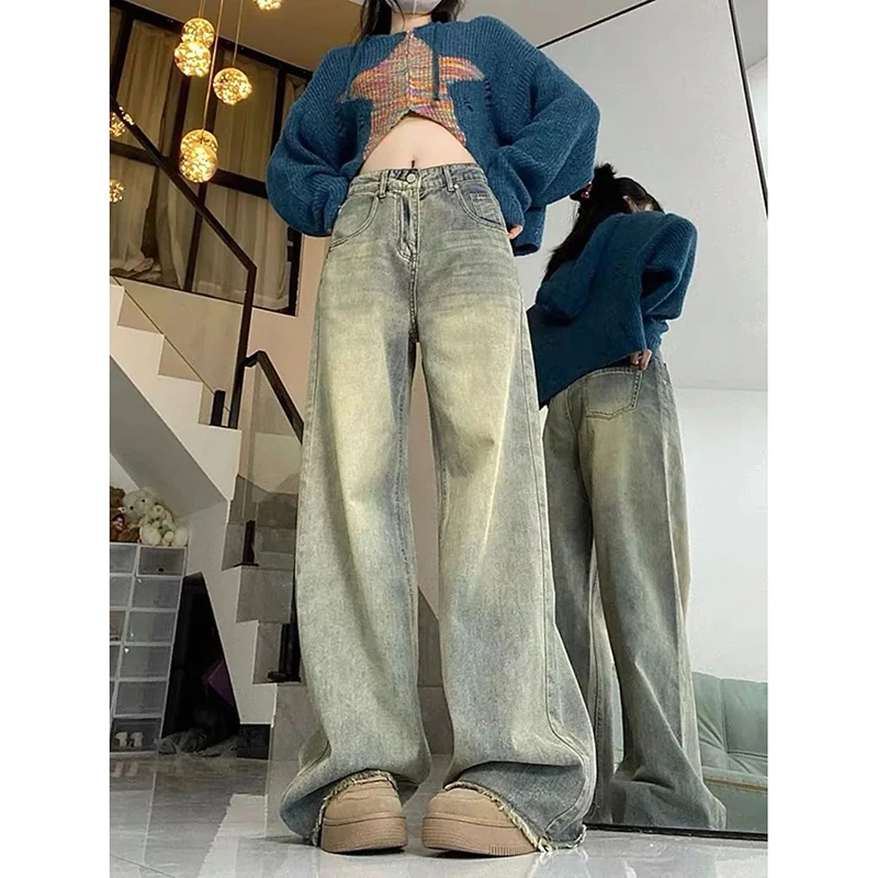 

Y2K Retro Straight Jeans Women Korean Distressed High Waist Wide Leg Trousers Summer Streetwear Vintage Baggy Denim Pants New