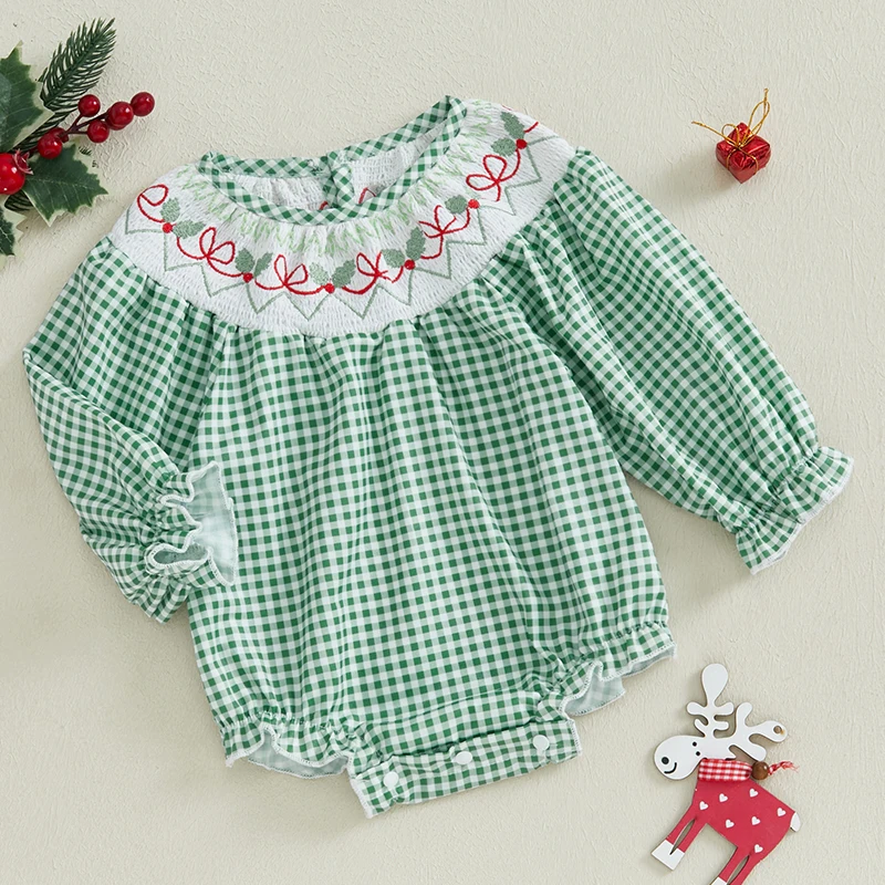 EWODOS Baby Girls Christmas Romper Turkey Embroidered Plaid Long Sleeve Jumpsuits for Newborn Infant Fashion Baby Autumn Clothes