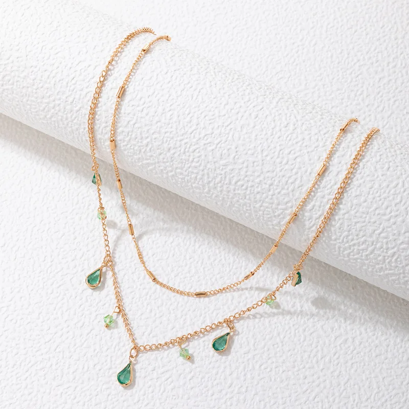 Tocona Bohemian Green Crystal Stone Pendan Double Necklace for Women Gold Color Alloy Metal Water Drop Clavicle Necklace Jewelry