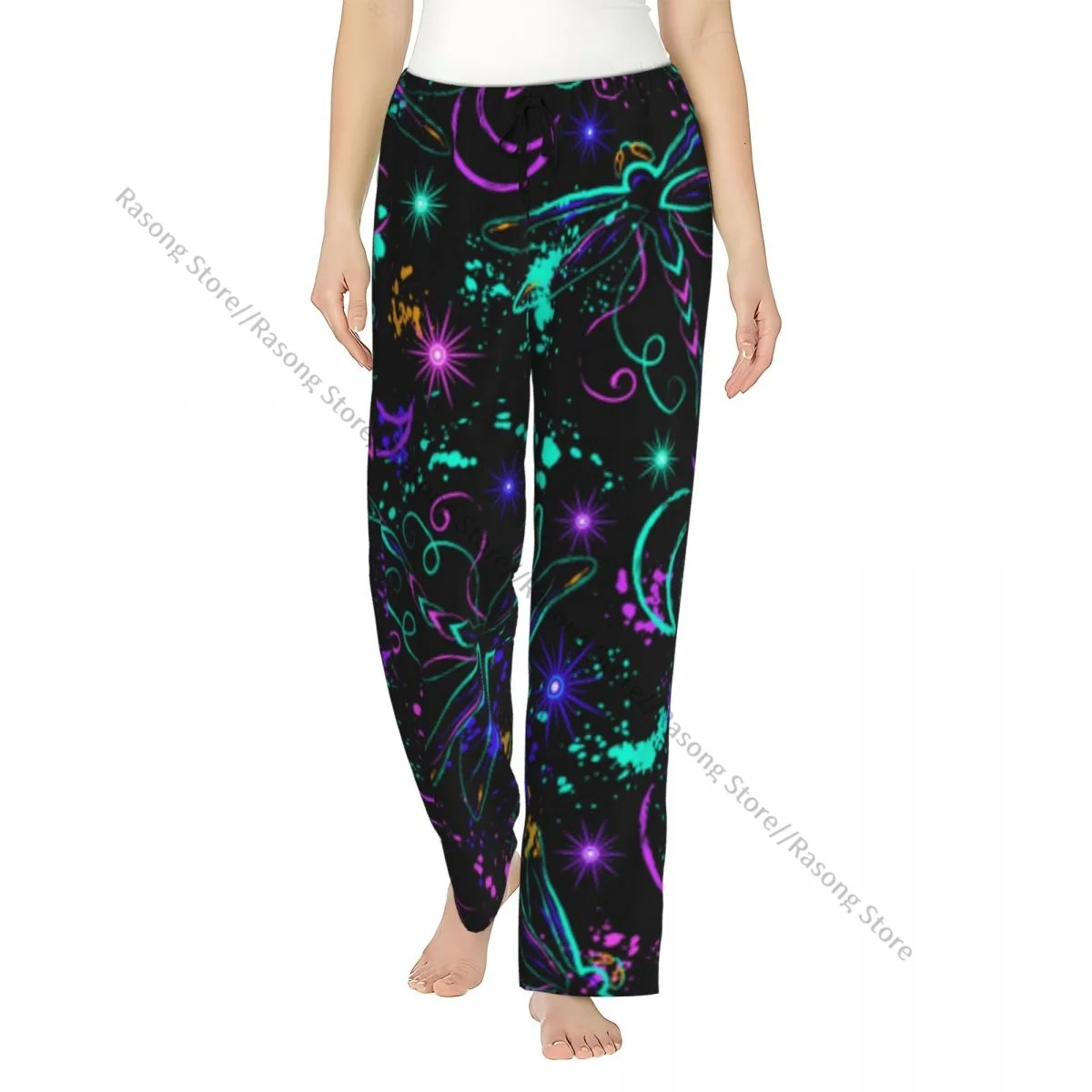

Fluorescent Fantasy Crescent Moon Dragonfly Women Sleep Pants Lounge Pants for Winter Nights