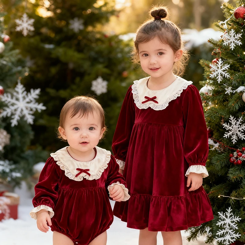 Neue Weihnachten Kinder Party Bogen Rote Kleidung Zwillinge Schwestern Kleid Baby Bodys Schwestern Mädchen Prinzessin Kleid Neue Jahr Kinder Kleidung