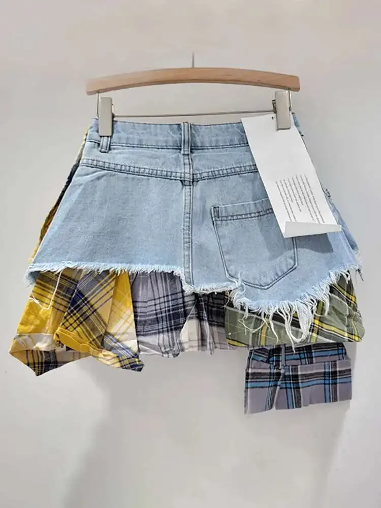 Dames Denim Rok Gekleurde Plaid Patchwork Onregelmatige Gedeconstrueerde A-lijn Hoge Taille Minirok 2025, Zomer Nieuwe Mode