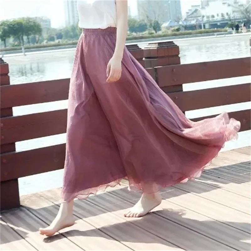 High-grade Double Layer Skirts Spring Summer Elastic High Waist Large Swing Gauze Chiffon Skirt  A-line Pleated Long Beach Skirt