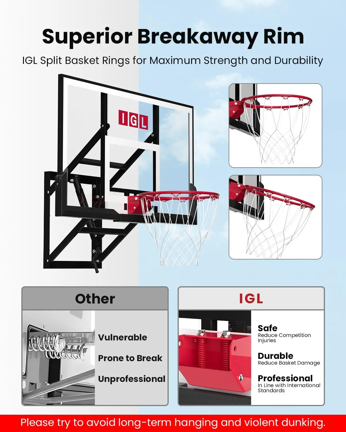 In hoogte verstelbare basketbalring voor buiten met onbreekbaar bord, 7,5ft tot 10FT, robuuste 54 inch rand voor duurzaamheid en lang