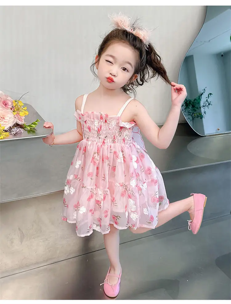 Summer beach baby girl dress with butterfly wings embroidery on the back rose print suspender princess dress