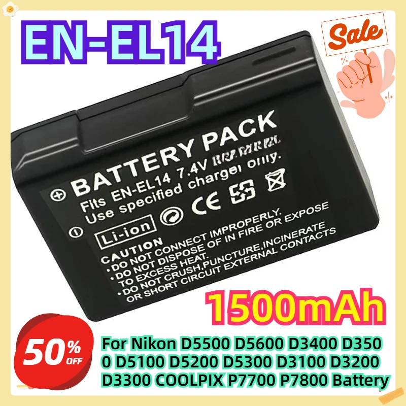 

EN-EL14 For Nikon D5500 D5600 D3400 D3500 D5100 D5200 D5300 D3100 D3200 D3300 COOLPIX P7700 P7800 Battery 1500mAh