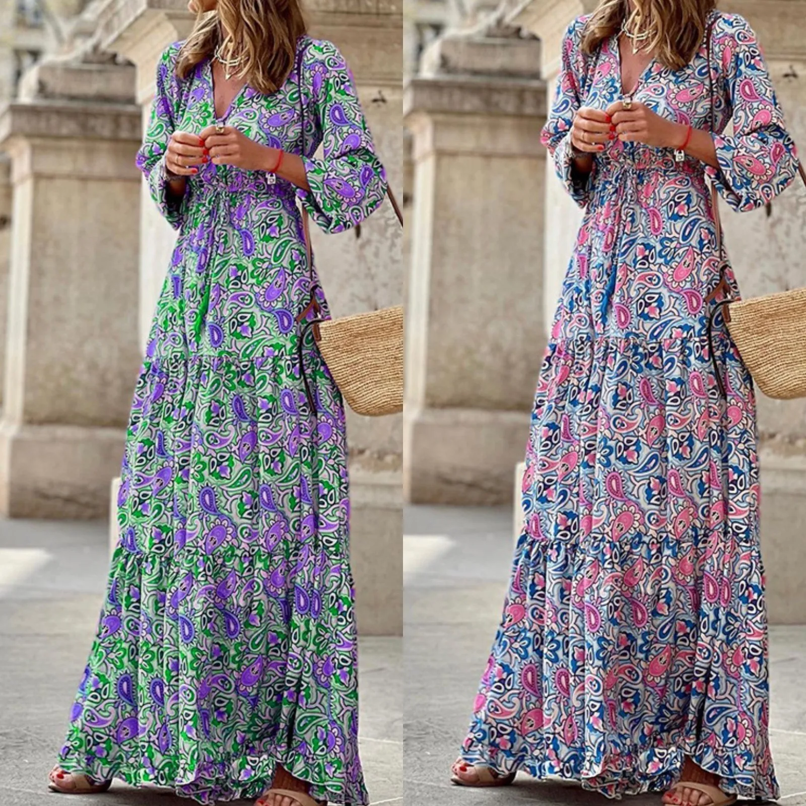 Elegant Women's Flower Long Dresses 2024 Spring New Bohemian Printed  Dress Abıye Kadın Abiye  Платье Robe Ete Femme Vestidos