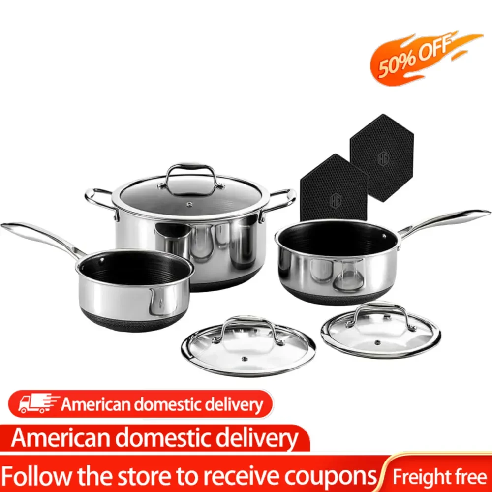 

Hybrid Nonstick 6-Piece Pot Set with Trivets, 2, 3, and 8-Quart Pots with Tempered Glass Lids, 2 Silicone Trivets Included,