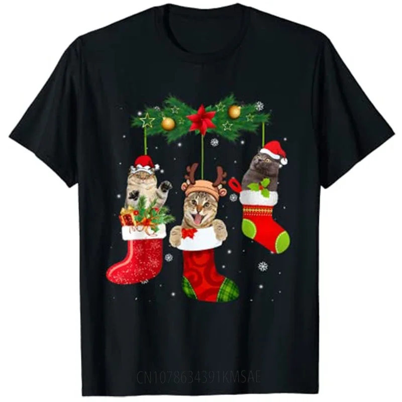 Cats In Christmas Sock Funny Pajamas Family Cat Lover Gifts T-Shirt Xmas Vacation Tee Tops