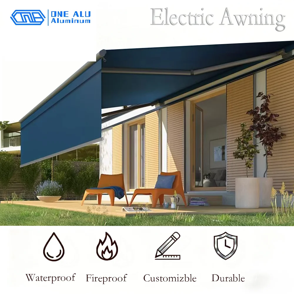

OneAlu Modern Stylish Outdoor Retractable Awning - Aluminum/PVC Full-Cassette with Remote for Patio Shade