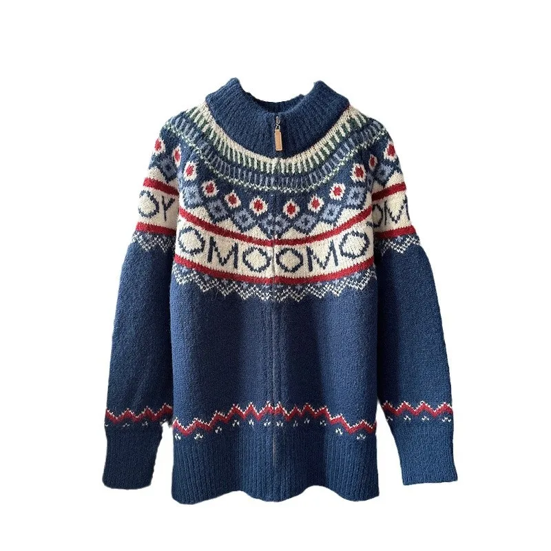 Fair Isle Cardigan feminino novo vintage padrão de Natal casaco de malha gola alta jaqueta quente de grandes dimensões