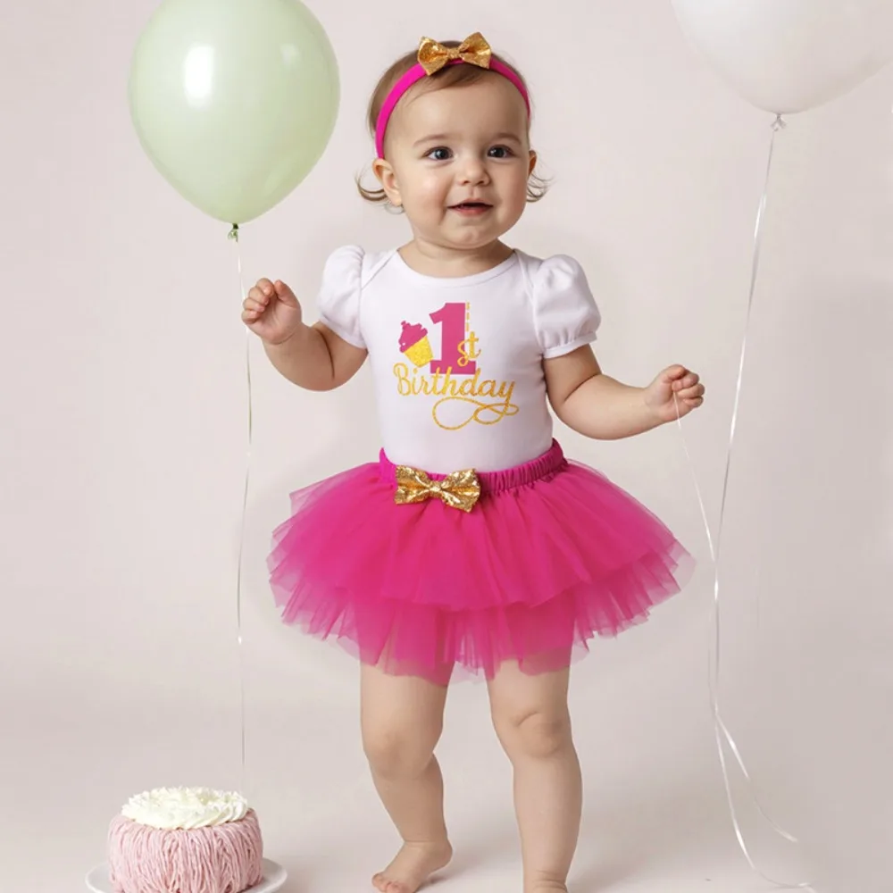 3pcs Outfit Cute Baby Girl Short Sleeves 1st Birthday Letter Bodysuit Tutu Skirt Headband Clothes