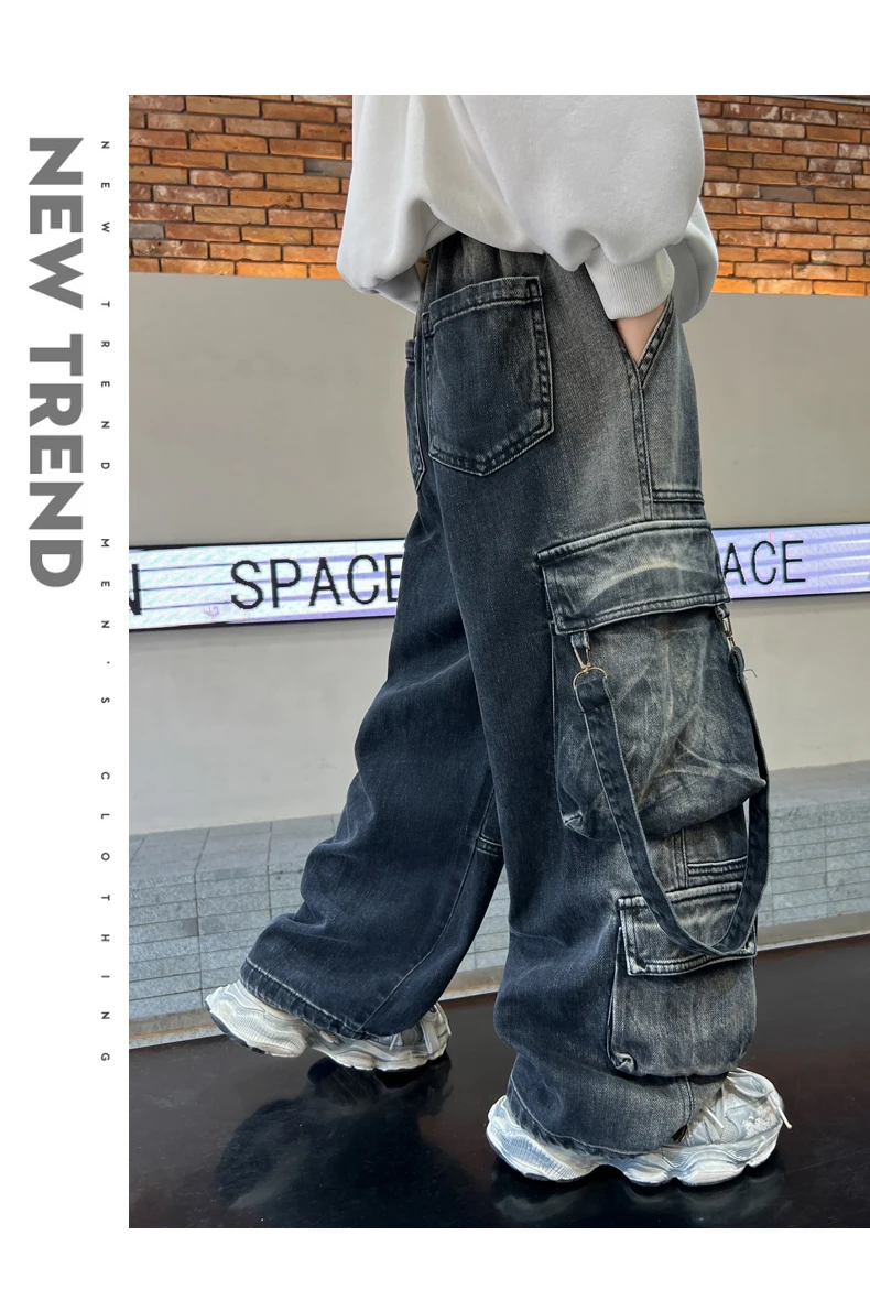 Jungen Retro-Jeans Frühling Herbst Neue Teenager Kinder Street-Style Lässige Gerade Weite Hose Kinder Cargo Denim-Jeans – Detail 6