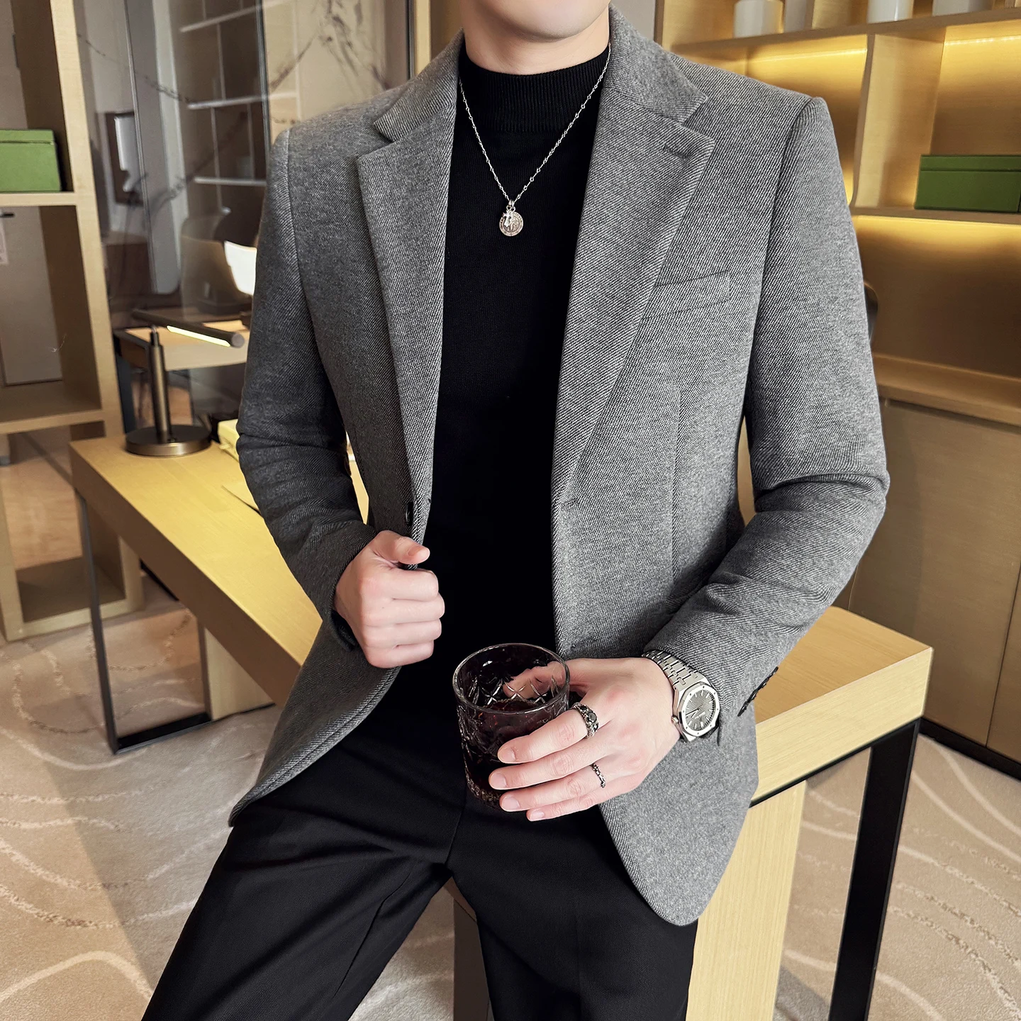 

Autumn Winter Thick Wool Suit Jacket Fashion Casual Business Suit Jackets Men's Korean Version Slim Social Banquet Groom Blazers
