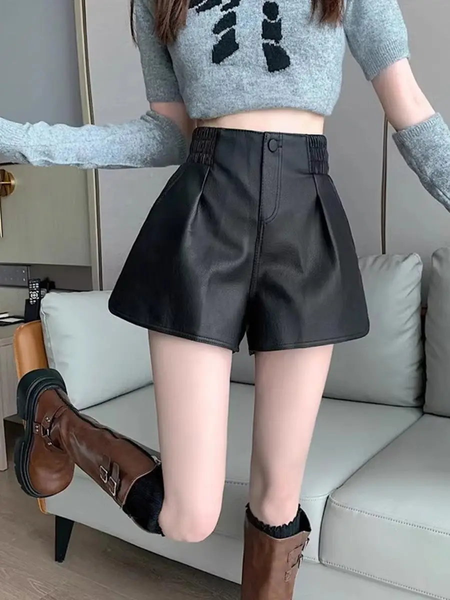 High-waisted Leather Shorts for Women Spring Autumn A-line Wide Leg Shorts Y2k Solid All-match Casual Clothing Vintage Style