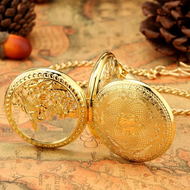 Antique Double Hunter Clock Bronze/Gold Phoenix Men Women Manual Mechanical Pocket Watch Handwinding Watches Pendant Chain