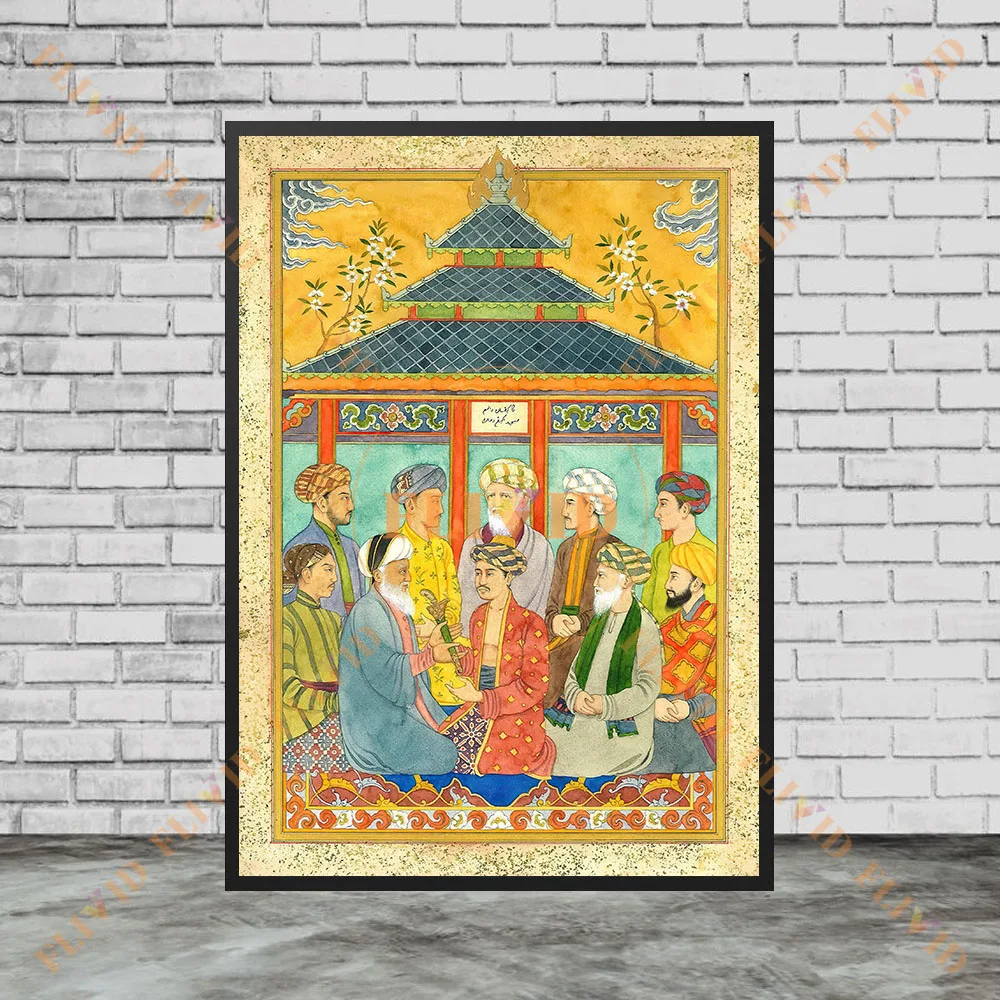Vintage Persian Islamic Miniature Canvas Painting Wall Decor,Antique Islamic Indian Southeast Asian Folk Manuscript Poster Print